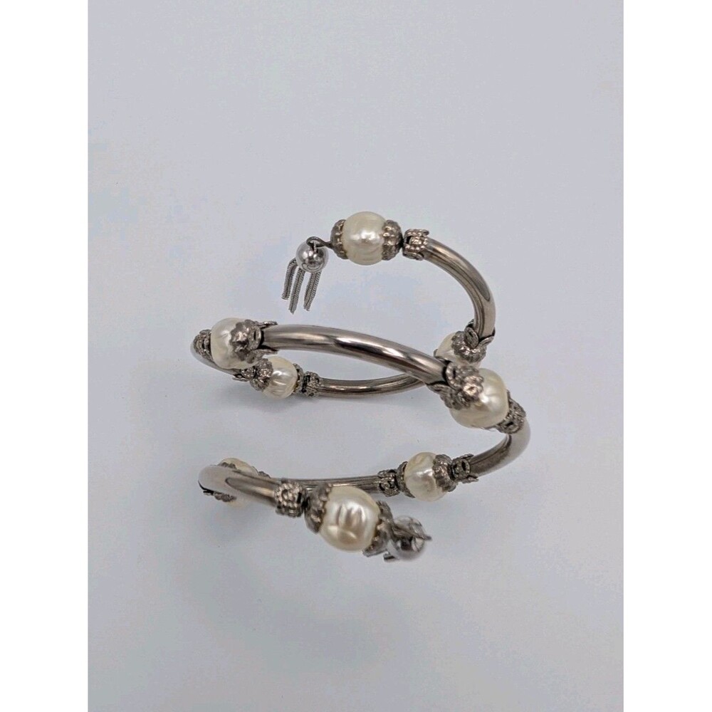 Vintage 1950s Silver Tone Faux Baroque Pearl Wrap Bangle Chain Tassel Bracelet image 2